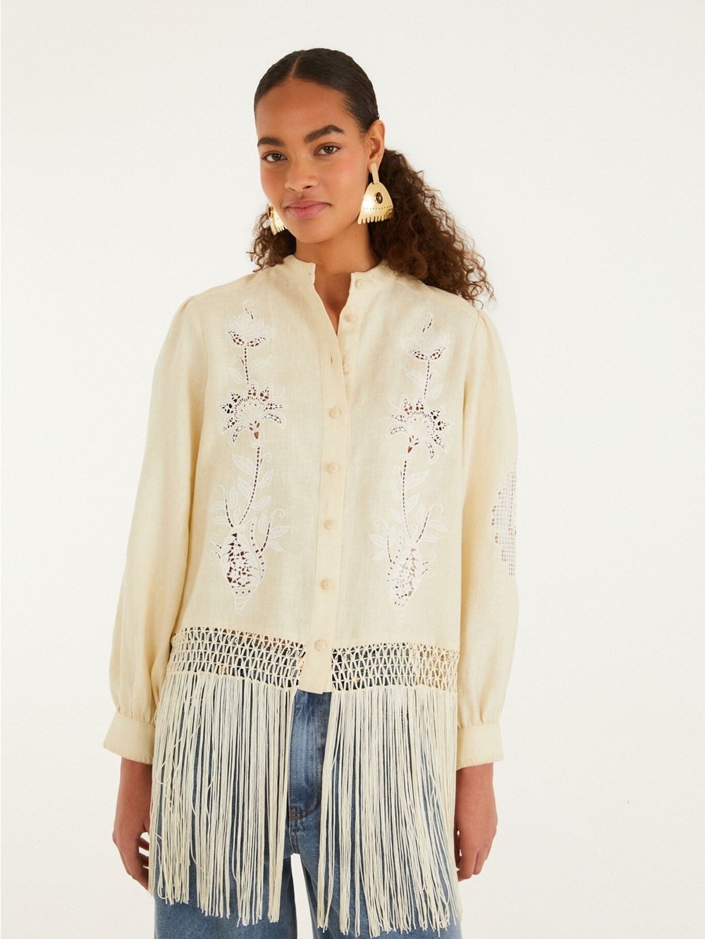 NWT FARM Rio Sand Richelieu Long Sleeve Fringes Shirt
